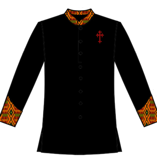 Black Shirt btn frt wth kente and cross