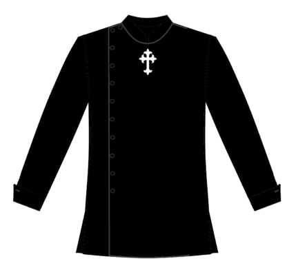 Black asymm with black cuffs and white cross