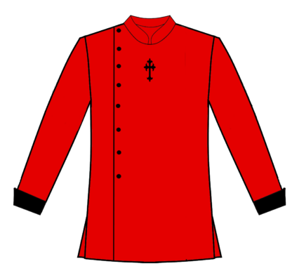 Red asymm with black cuffs and cross