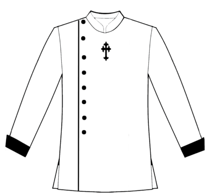 White asymm with blaack cuffs and cross