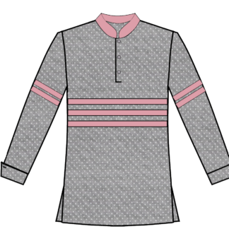 gray small polka dot pullover with 3 stripes at waist n 2 stripes each slv pink